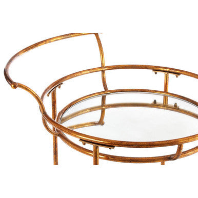 Gold finish drinks trolley with tier gold finish metal tray featuring circular mirrored surface and curved handle