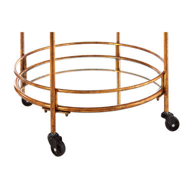 Hadley 2 tier gold finish drinks trolley with gold toned metal frame circular glass shelves and black caster wheels