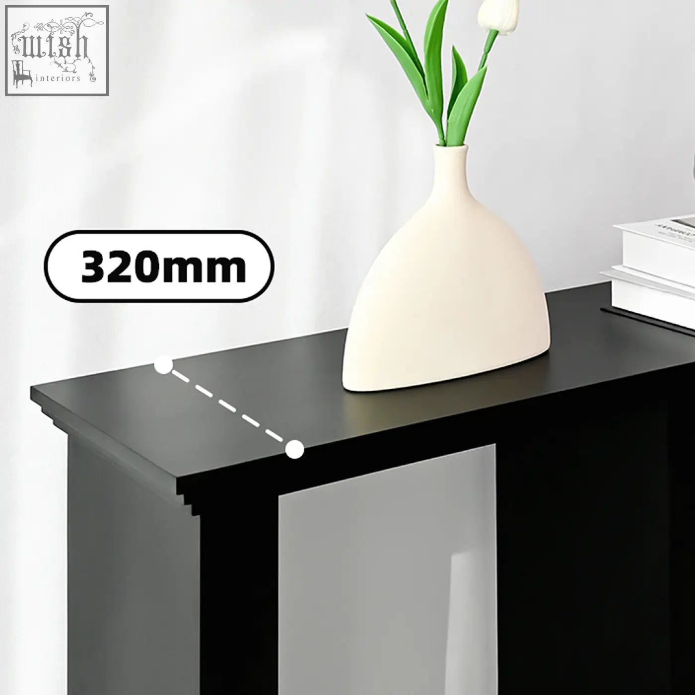 Cream-colored ceramic vase with sleek modern design on white hadza u shape console table with smooth surface