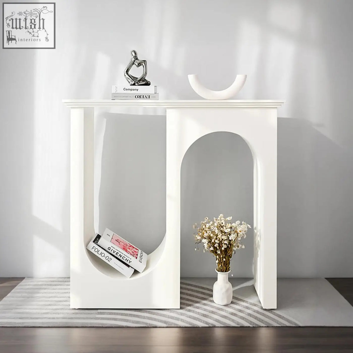 White minimalist hadza u shape console table with arched cutout and integrated shelf space for modern decor