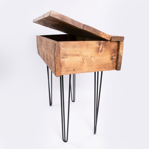 Rustic wooden blanket box with hinged lid and black hairpin legs perfect for storage and decor