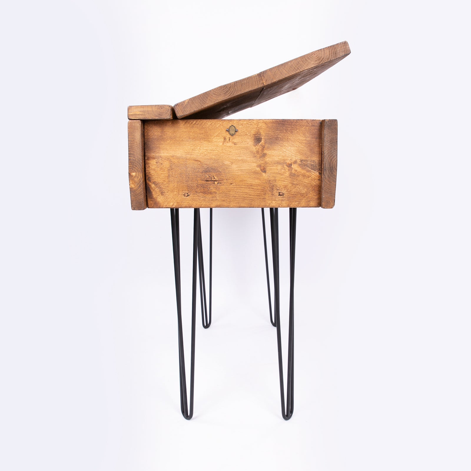 Rustic wooden blanket box with hinged lid and black hairpin legs perfect for storage and decor