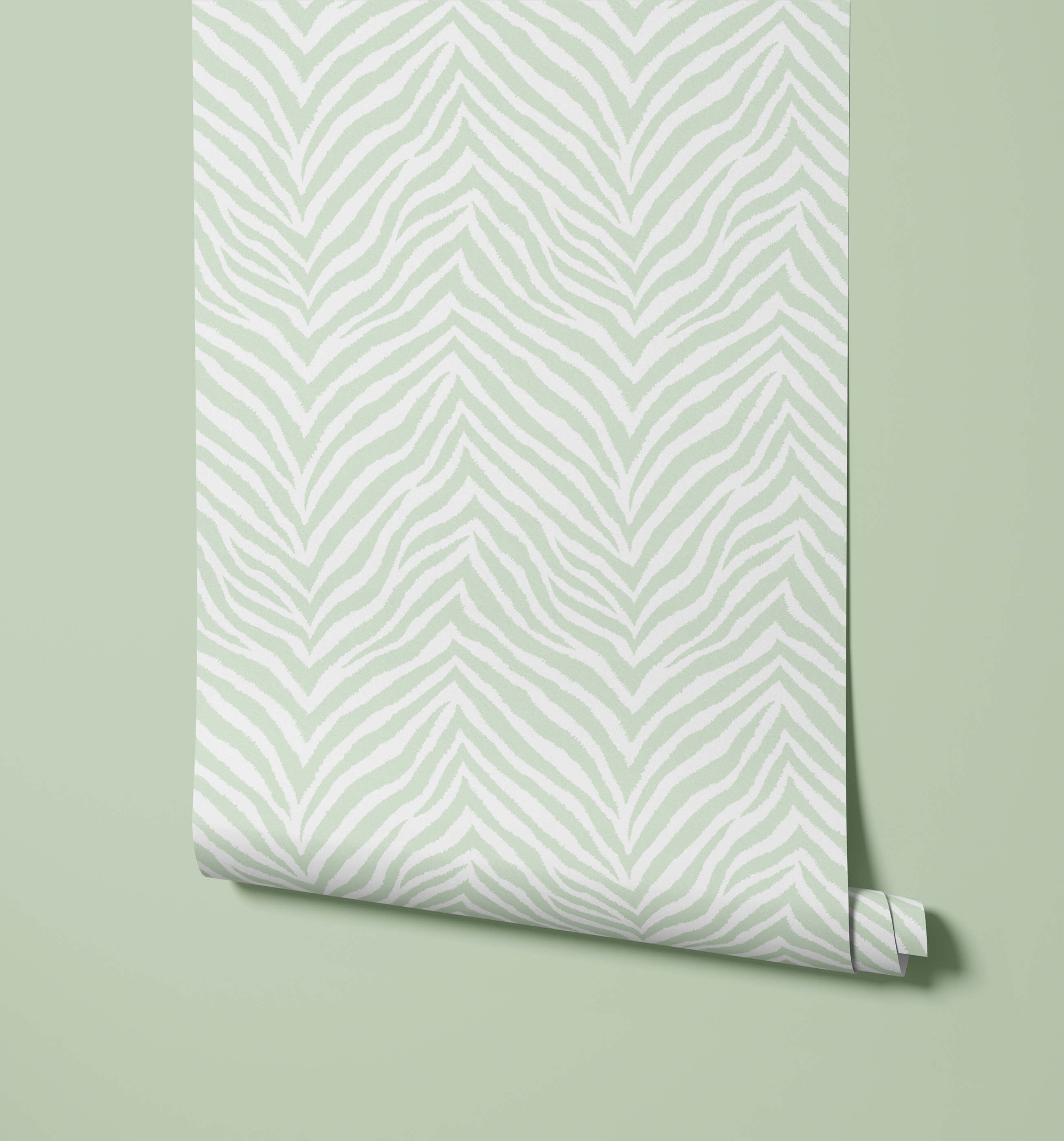 A roll of hakambo print wallpaper with bold white zebra print on light green for stylish room decor