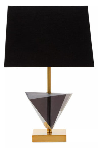 Halina smoked crystal table lamp with black rectangular shade and gold metal triangular crystal base and square pedestal