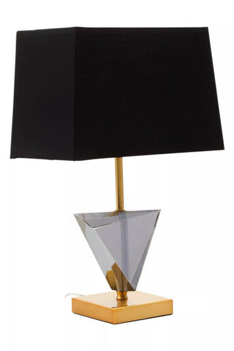Halina smoked crystal table lamp with black rectangular shade gold metal base and faceted gray glass centerpiece