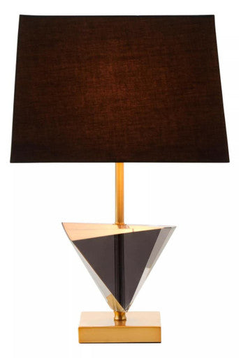Halina smoked crystal table lamp with polished gold metal geometric base and dark brown fabric shade