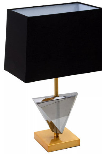 Halina smoked crystal table lamp with a sleek black shade and gold metal base featuring a faceted crystal centerpiece