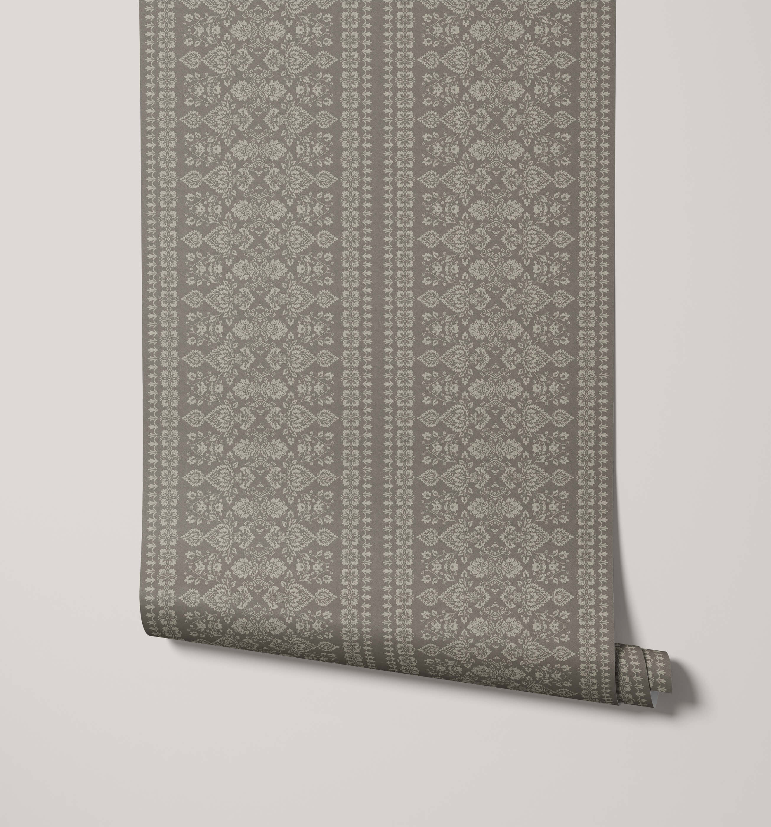 A roll of hallen sage green damask floral wallpaper with intricate lighter gray repeating floral stripe pattern