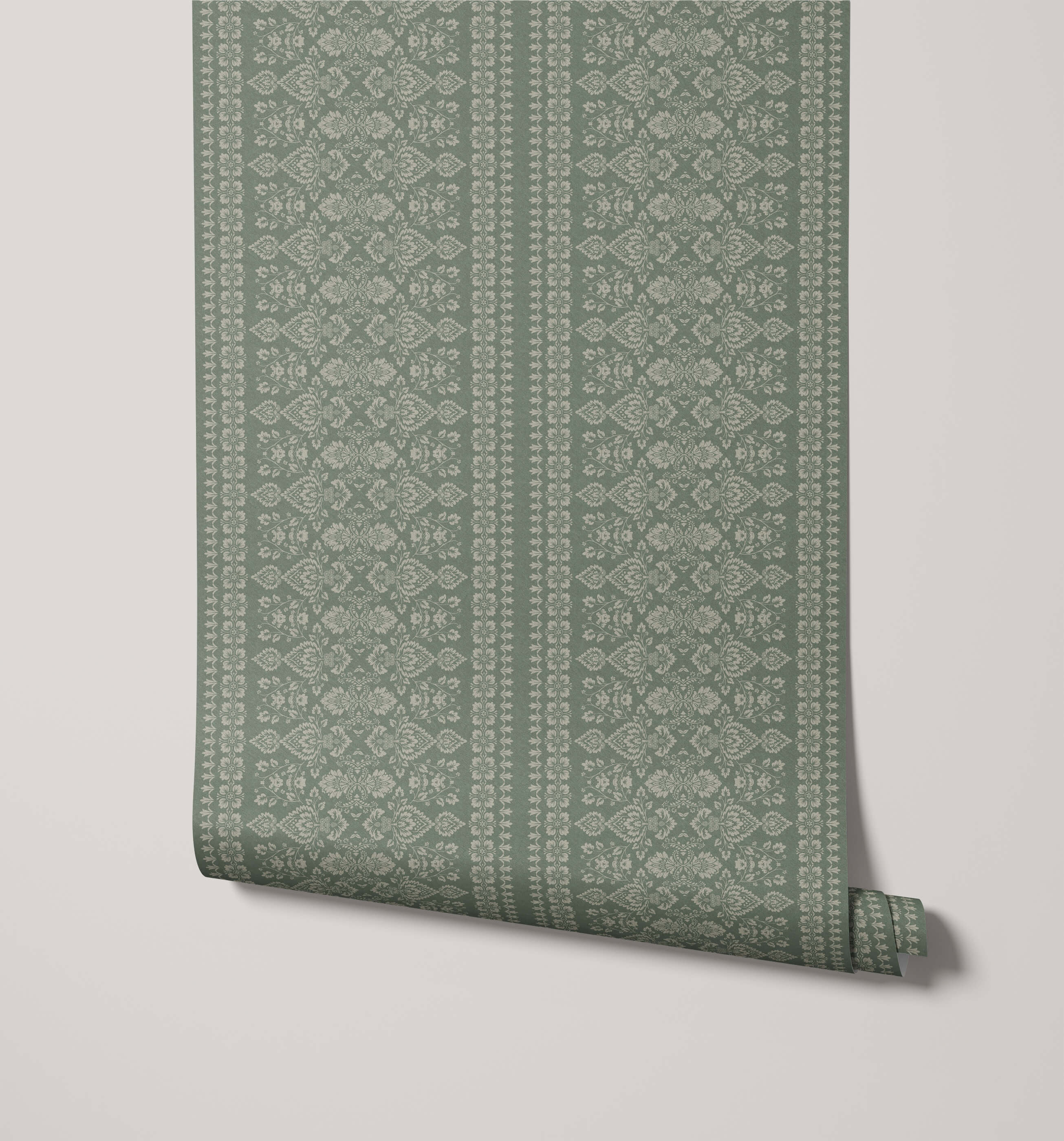 A roll of hallen sage green damask floral wallpaper with an intricate repeating lighter floral stripe pattern