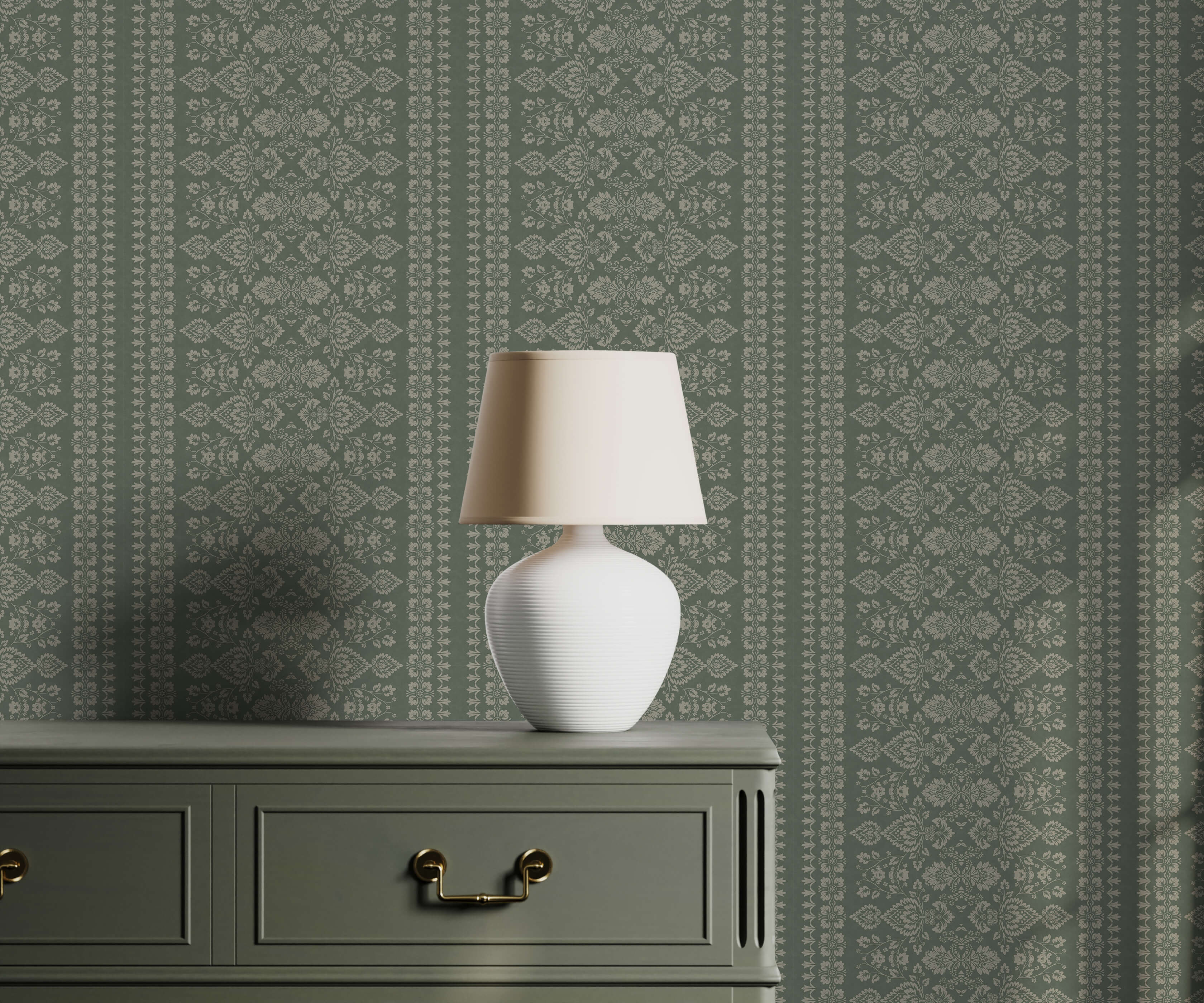 White ceramic hallen table lamp with beige fabric shade perfect for damask floral stripe or floral stripe wallpaper rooms