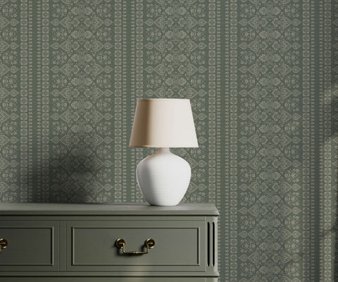 White ceramic hallen table lamp with beige fabric shade perfect for damask floral stripe or floral stripe wallpaper rooms