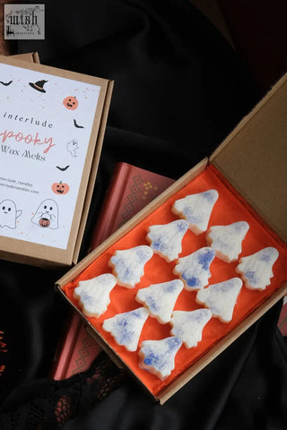 White and blue ghost-shaped wax melts in a cardboard box with orange lining featuring spooky base notes and heart notes
