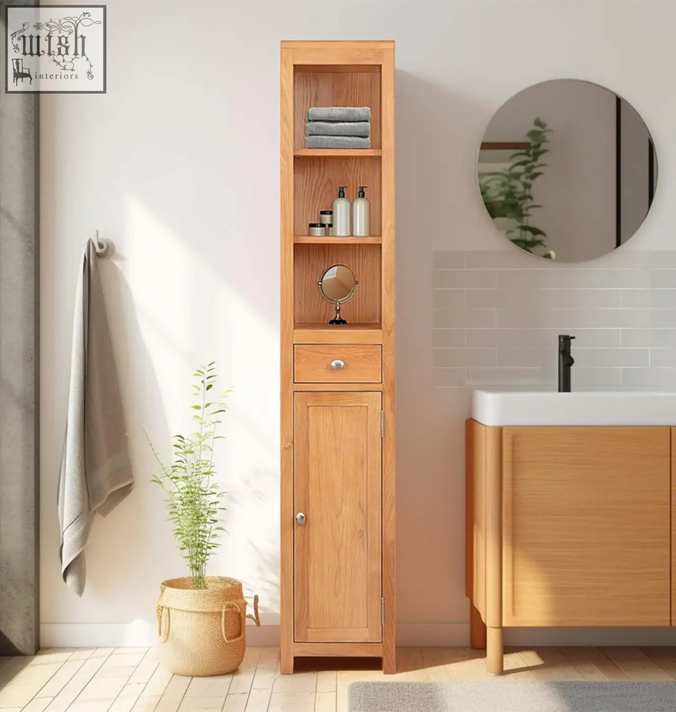 Light oak wooden bathroom storage unit with open shelves and drawer by hallowood furniture for slim bathroom storage