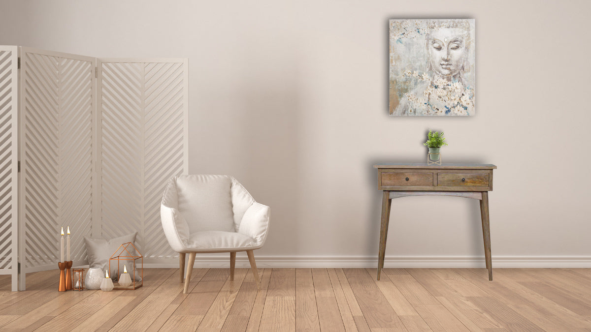 Rustic mango wood hallway 2-drawer console table with dark metal knobs and natural finish