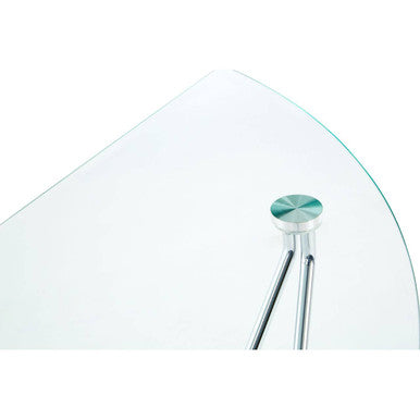 Clear glass console table with a sleek circular metallic base and green tinted center for modern living spaces