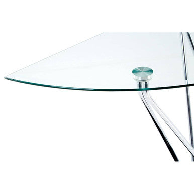 Halo half moon console table with clear glass tabletop and thin metallic legs topped with a polished silver knob