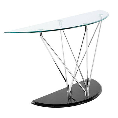 Modern halo half moon console table with glass top, sleek chrome metal frame, and black glossy base console table