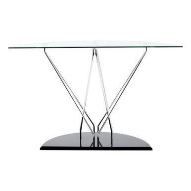 Halo half moon console table with modern glass top and sleek chrome v-shaped metal base and black semi-circular foot