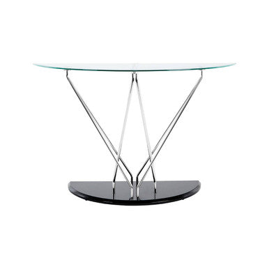 Modern oval glass-top console table with sleek chrome frame and black lacquered base called halo half moon console table