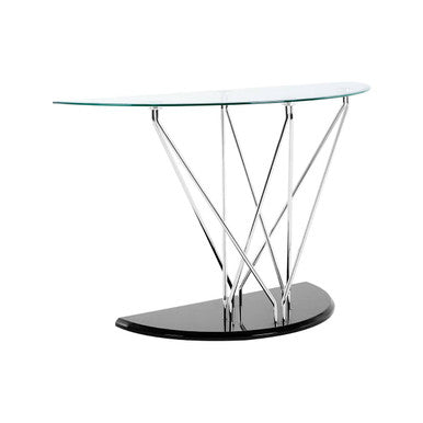 Halo half moon console table with a transparent glass top black semi circular base and chrome v shaped metal legs