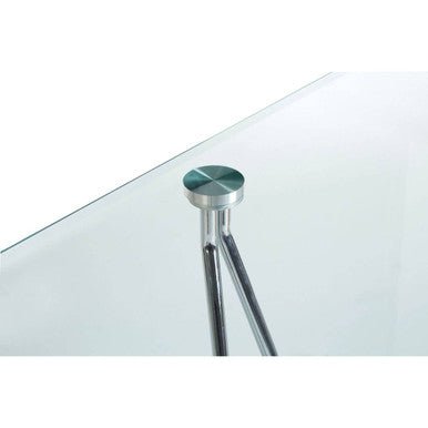 Halo half moon console table featuring a sleek glass top with a polished chrome base and circular silver cap centerpiece