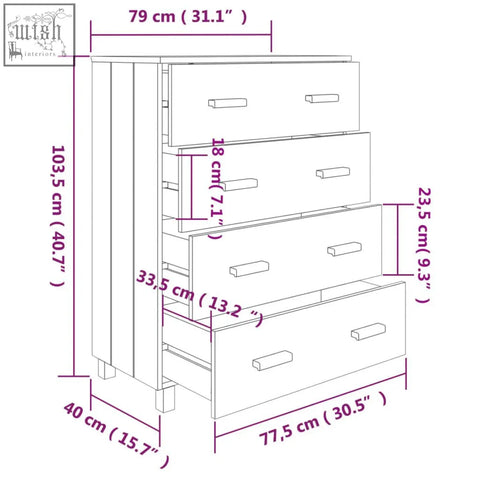White solid wood chest with four drawers and minimalist handles hamar pinewood 79cm with vertical paneling