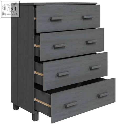 Gray solid wood chest dresser with four drawers and rectangular handles hamar pinewood 79cm