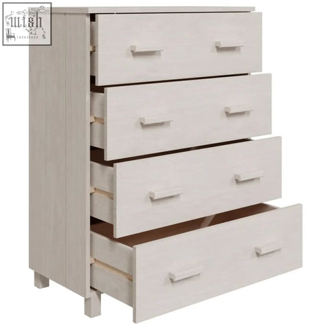 White solid wood chest hamar pinewood 79cm with five drawers and minimalist handles for stylish storage