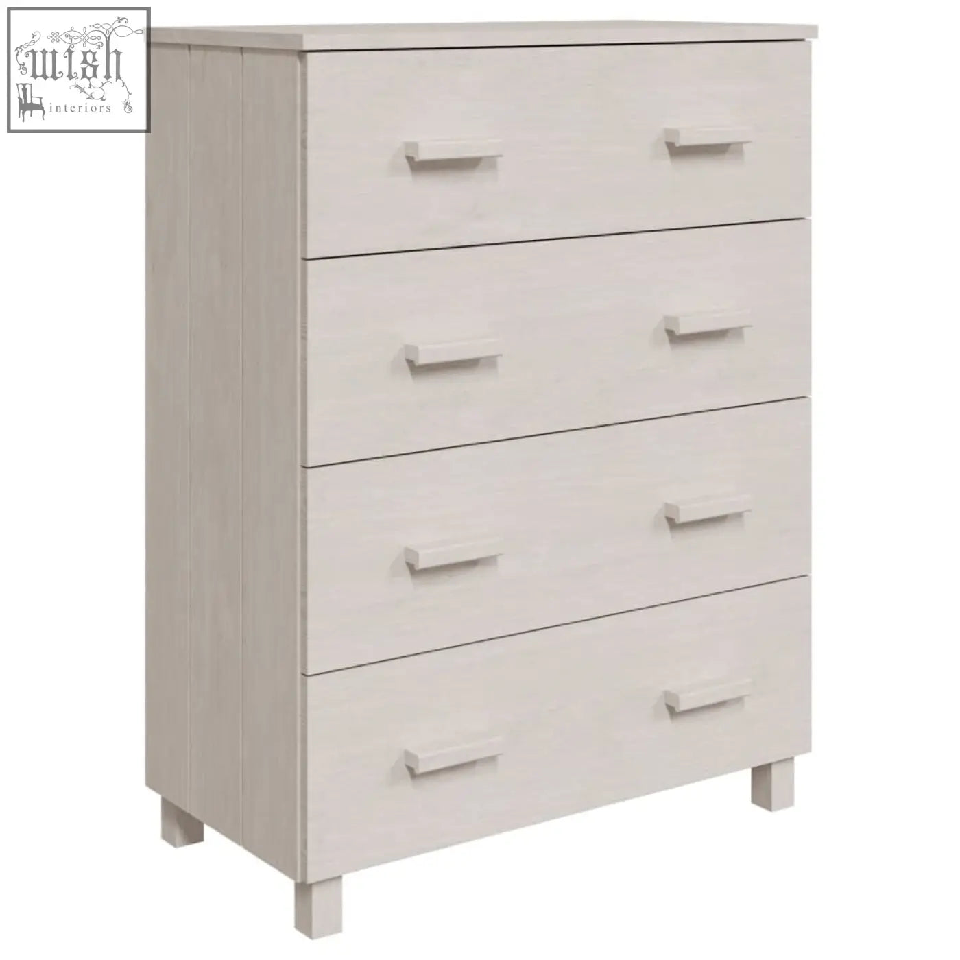 White solid wood chest hamar pinewood 79cm with four drawers and minimalist handles in pinewood finish