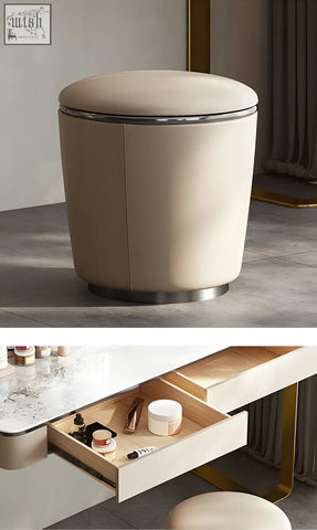 Beige leather vanity stool with polished chrome trim designed for hamlin dressing table with sintered stone top and low shipping cost