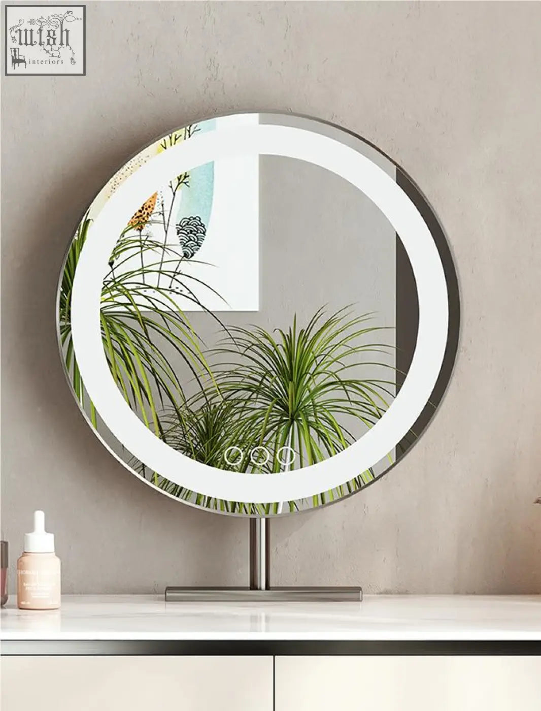 Hamlin dressing table with sintered stone and a circular vanity mirror with illuminated led ring and metallic stand