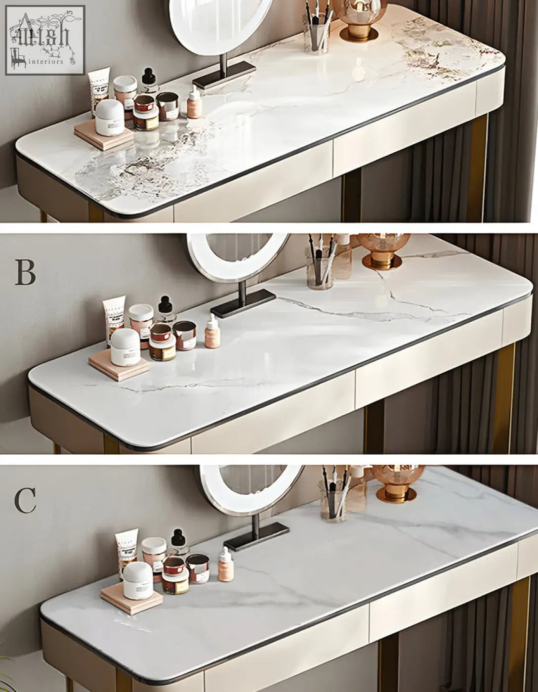Hamlin dressing table with mirror in marble-effect sintered stone offers optimal illumination with sleek metallic legs
