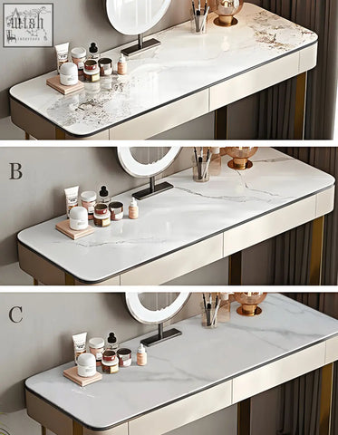 Modern marble effect hamlin dressing table with mirror featuring sintered stone top and sleek metallic legs shipping cost info available