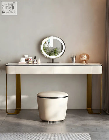 Hamlin dressing table with mirror features a sleek white sintered stone top gold-tone frame and lights offers optimal illumination