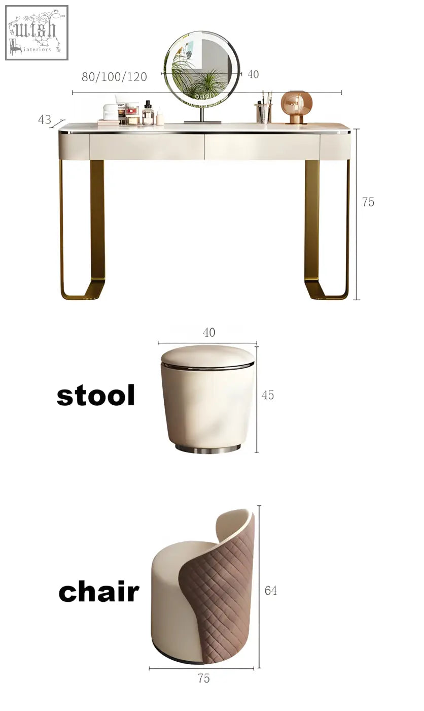 Hamlin dressing table with mirror features a sleek white sintered stone surface and gold legs that offers optimal illumination
