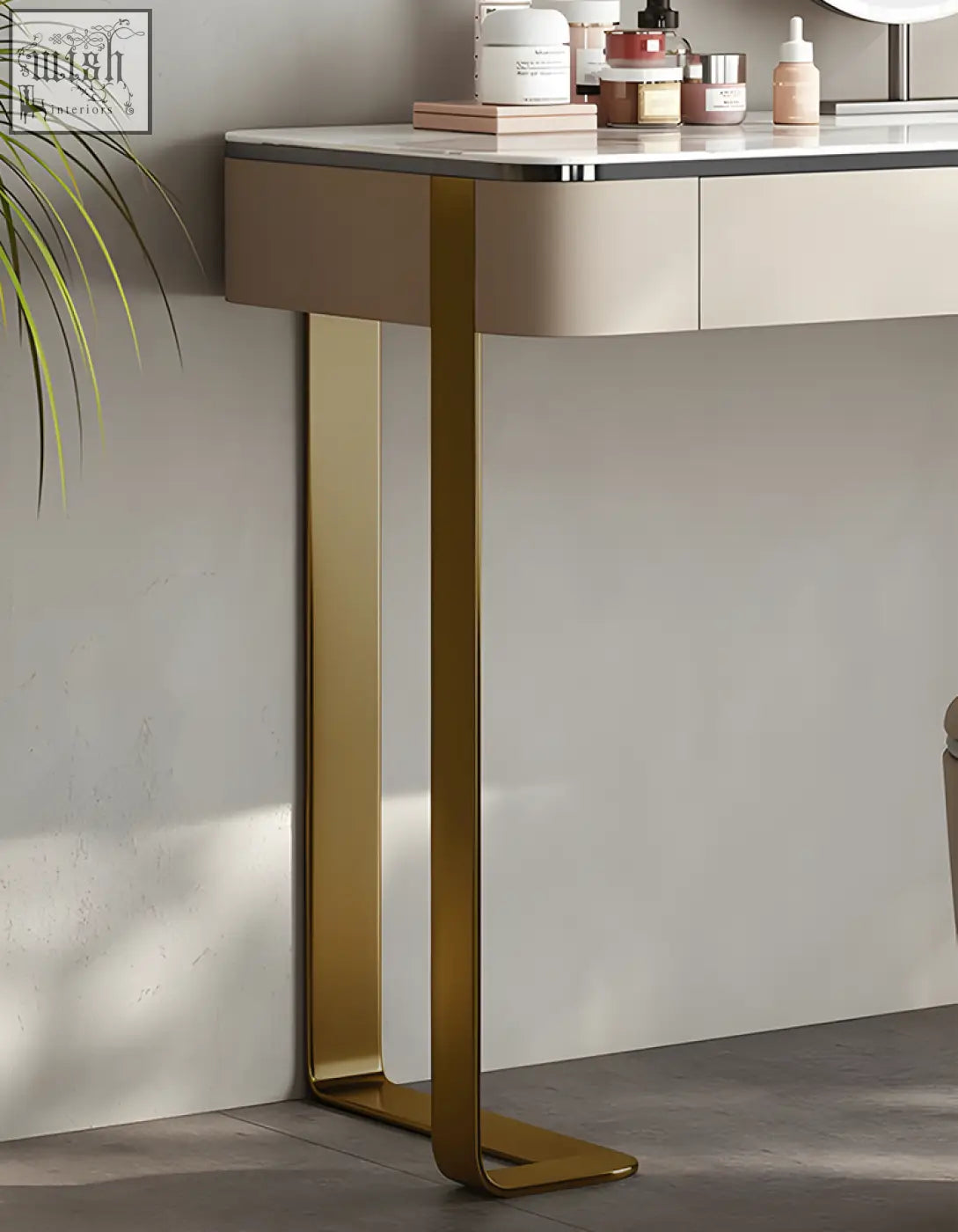 Hamlin dressing table with mirror features a modern marble top and gold legs and lights offers optimal illumination