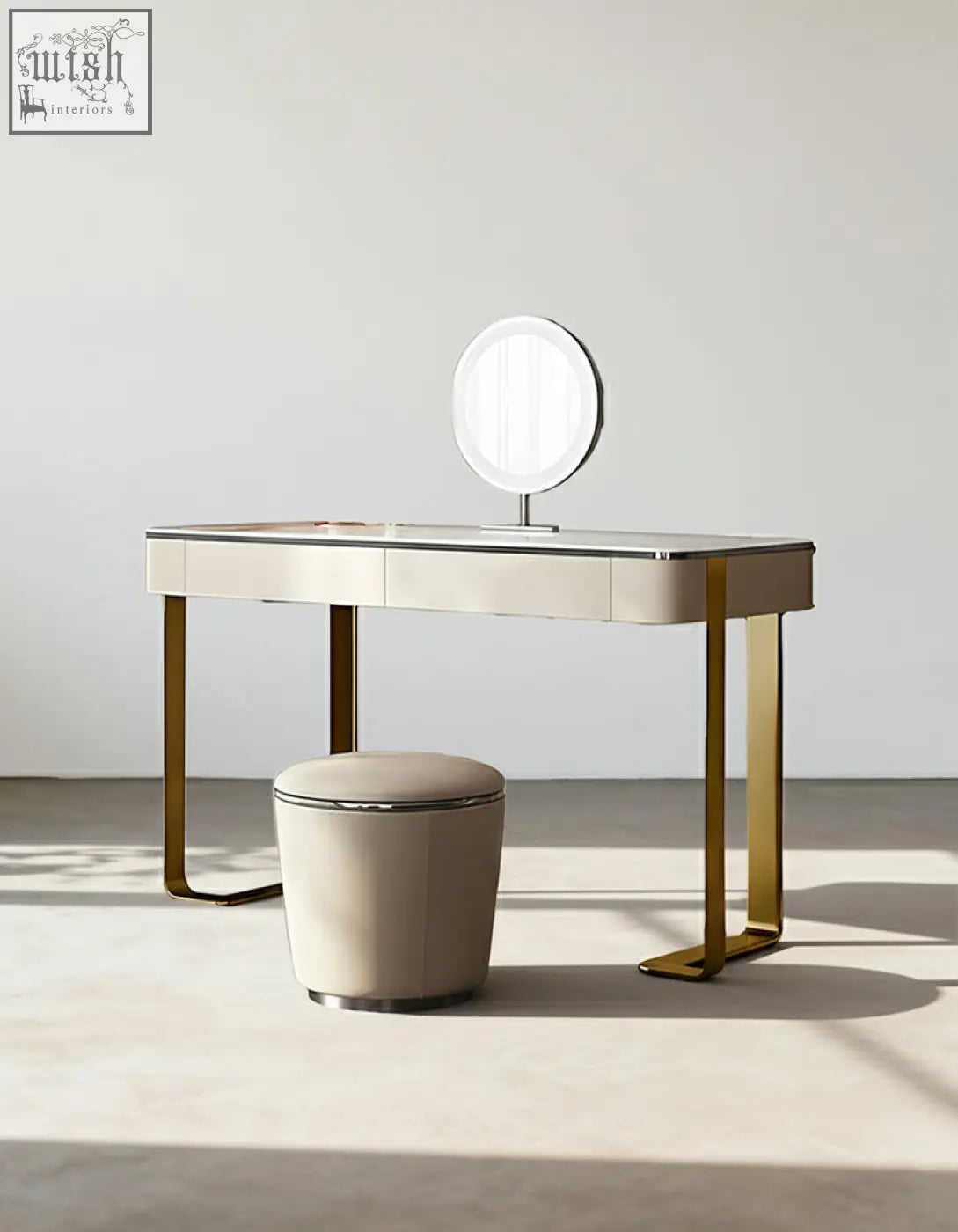 Hamlin dressing table with mirror features a modern beige vanity with glass top gold metal frame and sintered stone details ideal for low shipping cost options