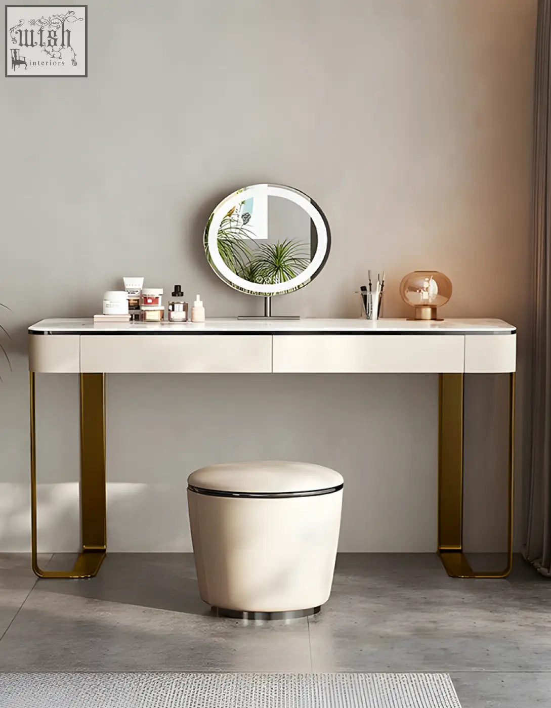 Hamlin dressing table with sintered stone white top gold frame and led oval mirror perfect for checking shipping cost