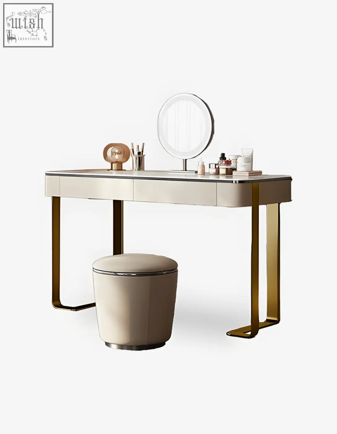 Modern hamlin dressing table with mirror features a cream sintered stone top and gold-toned metal legs with low shipping cost