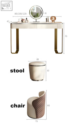 Hamlin dressing table with mirror featuring a sleek white sintered stone surface and gold legs with low shipping cost
