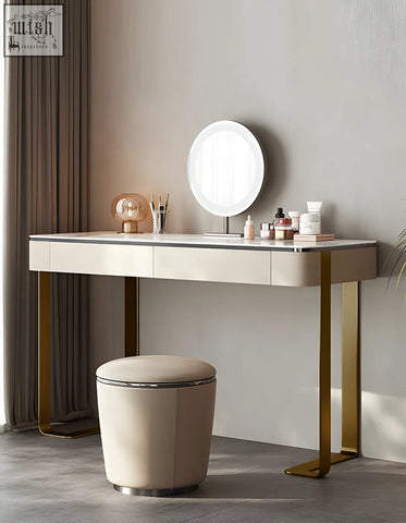 Modern hamlin dressing table with sintered stone white surface gold-tone legs and integrated circular mirror shipping cost info