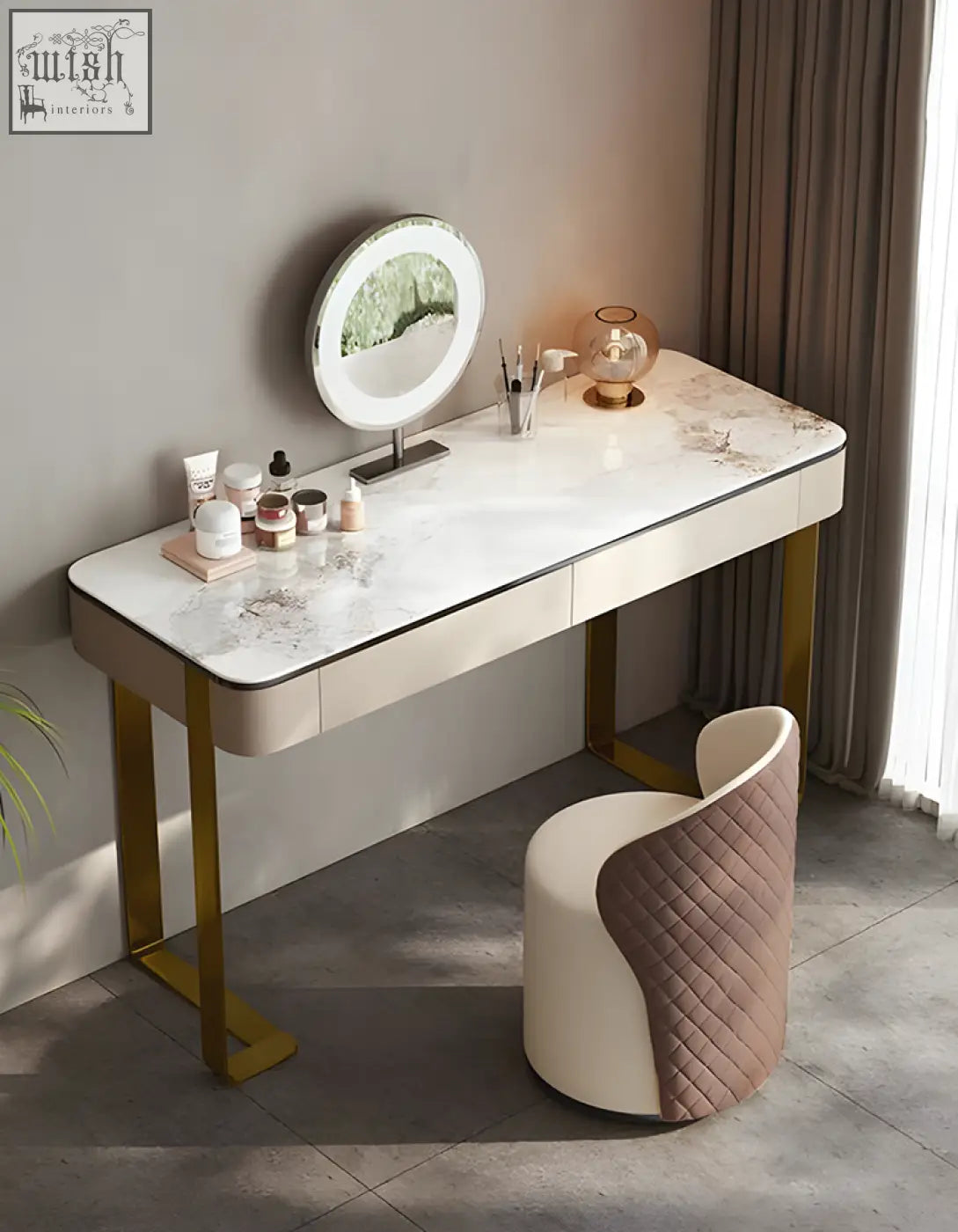 Hamlin dressing table with mirror features a white sintered stone top gold frame and lights offers optimal illumination