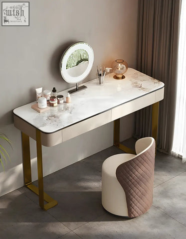 Hamlin dressing table with mirror features a white sintered stone top gold frame and lights offers optimal illumination