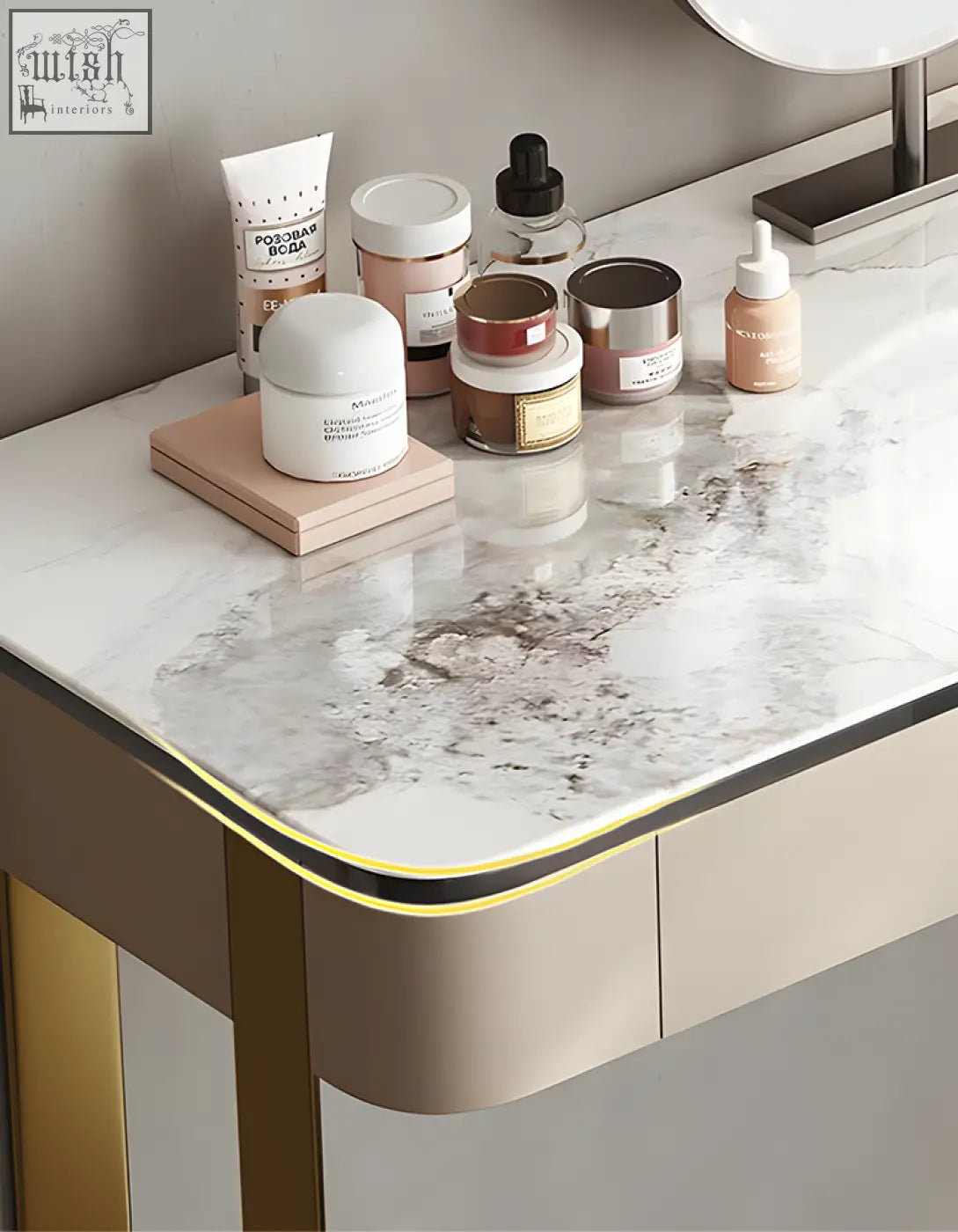 Hamlin dressing table with mirror featuring a white marble-effect sintered stone tabletop with gold trim and shipping cost info