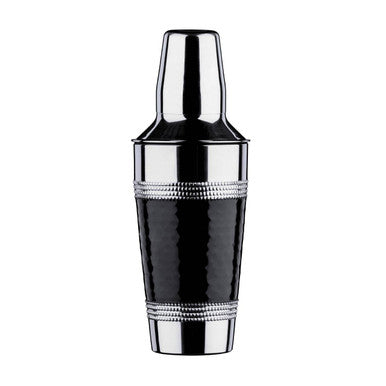 Black band cocktail shaker with hammered texture and sleek silver top perfect for stylish mixing