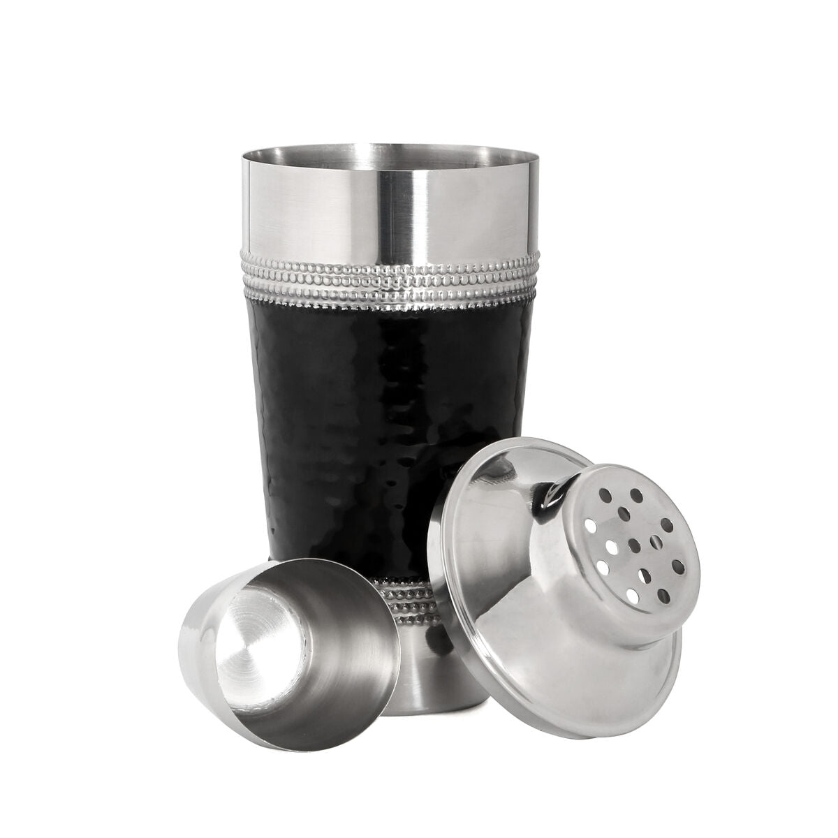 Black band hammered black band cocktail shaker in black hammered stainless steel with silver beaded accents and strainer