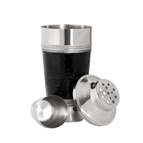Black band hammered black band cocktail shaker in black hammered stainless steel with silver beaded accents and strainer