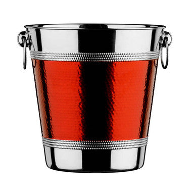 Red band hammered red band metal ice bucket in red with silver rim and handles for chilling wine