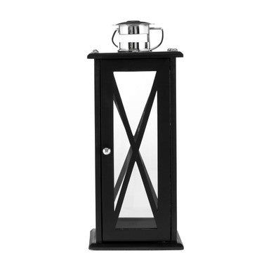 Hampstead large black wooden lantern with clear glass panels and black criss cross design and silver metal holder on top