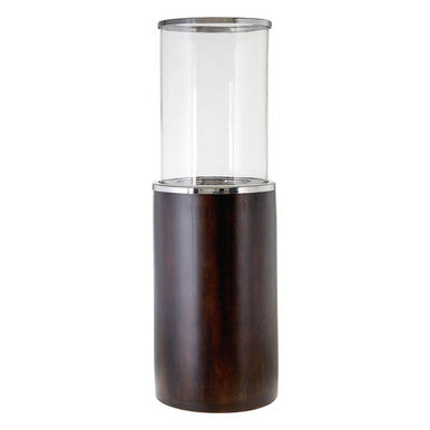 Sleek hampstead large mango wood hurricane candle holder with a glass cylinder dark wood base and chrome accents